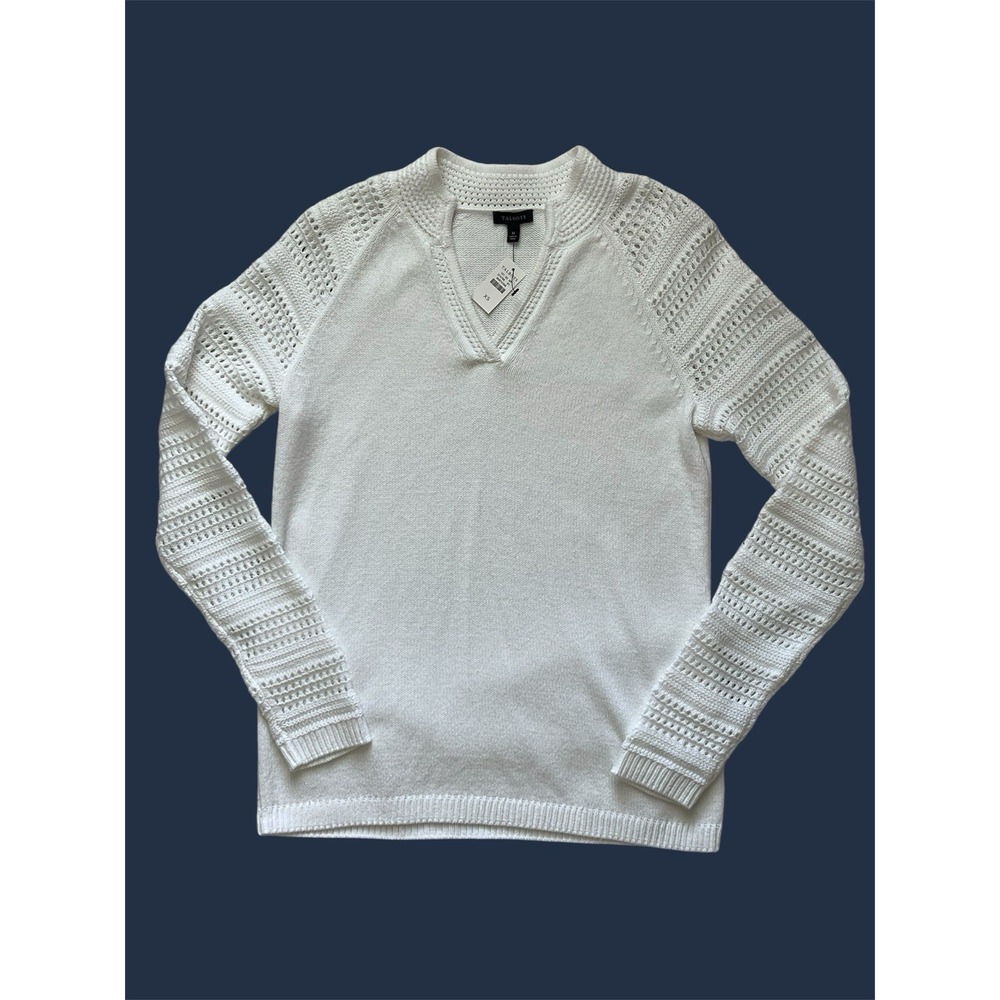 Talbots NWT White Split Neck Textured Knit Sweater XS Quiet Luxury Crochet Arms